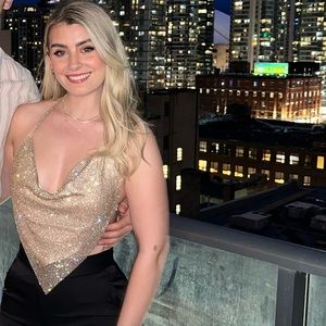 Meshki Daphne Diamonte cowl neck halter - gold